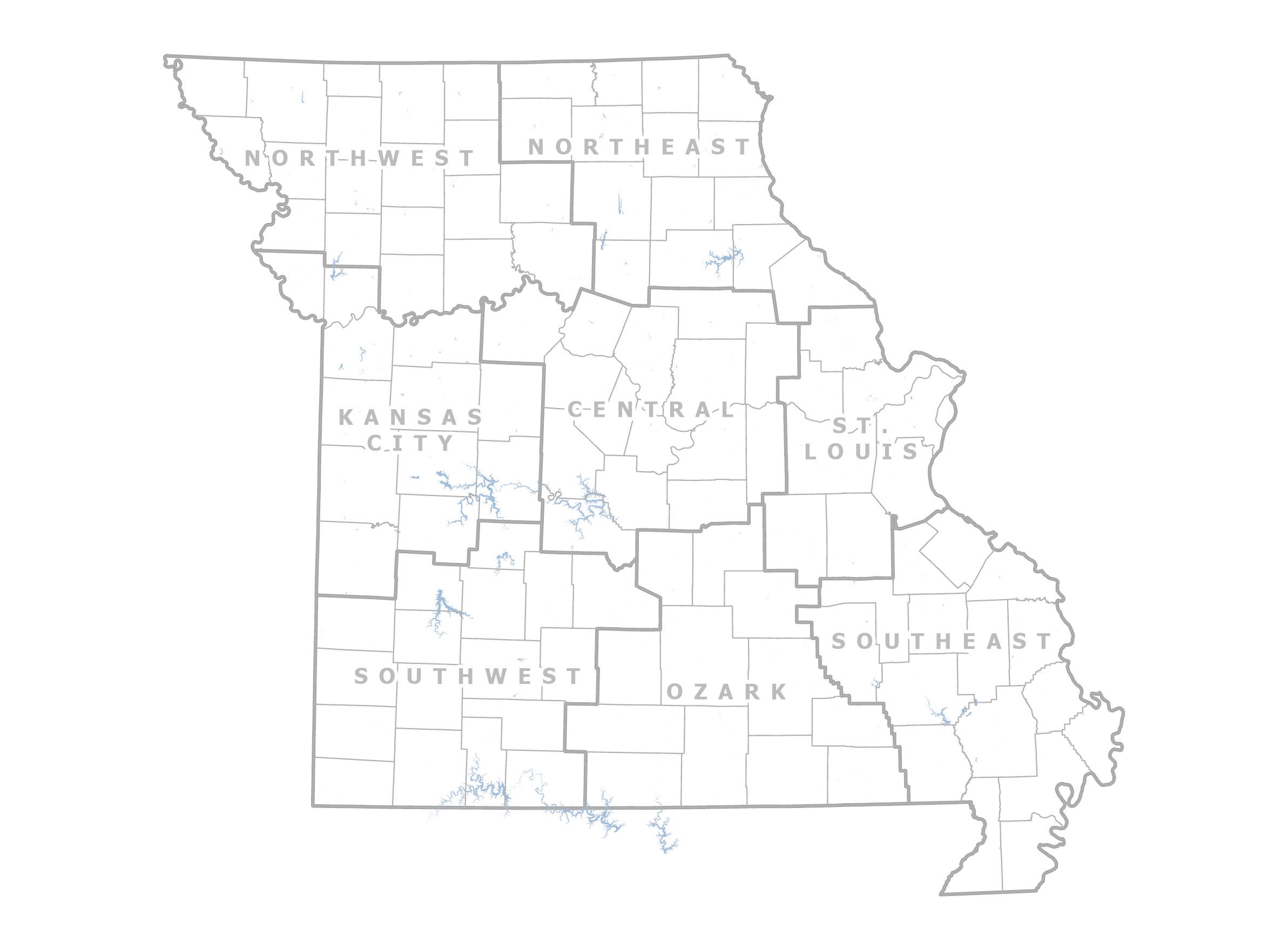 Map outlining the 8 different MDC regions in Missouri.