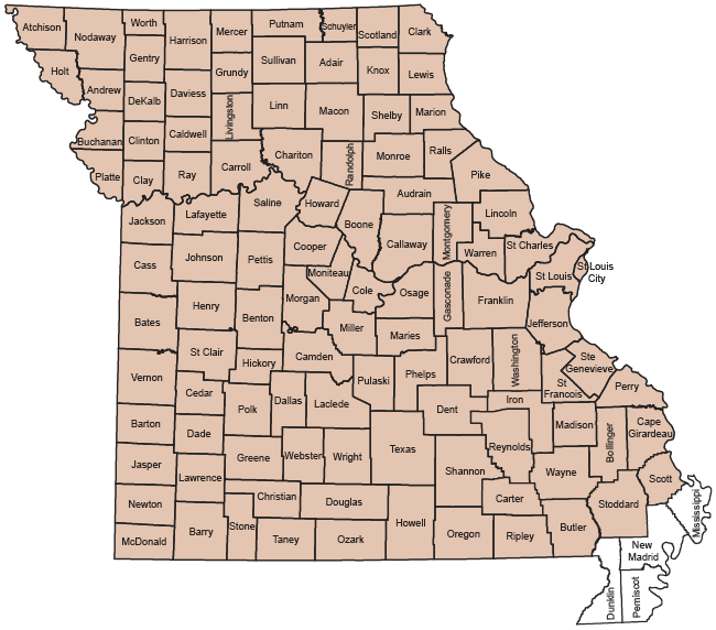 Missouri map showing counties where hunters can fill antlerless archery permits