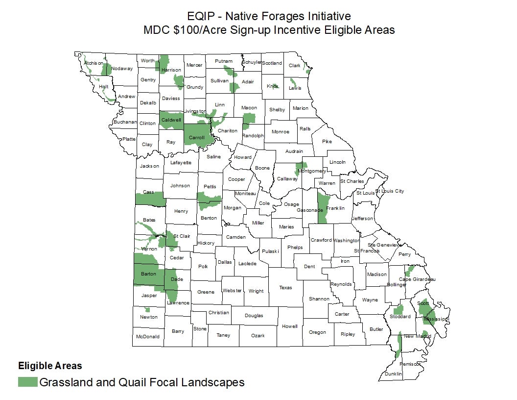 Missouri map showing EQIP eligible areas scattered around the state.