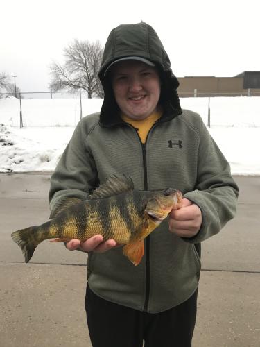 Tyler Halley holds his state record yellow perch