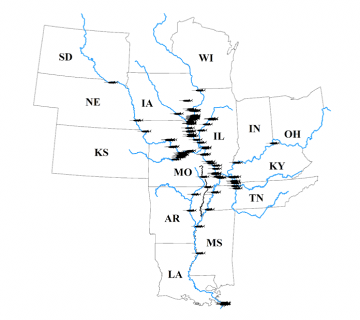 Map of locations where tagged paddlefish have been caught